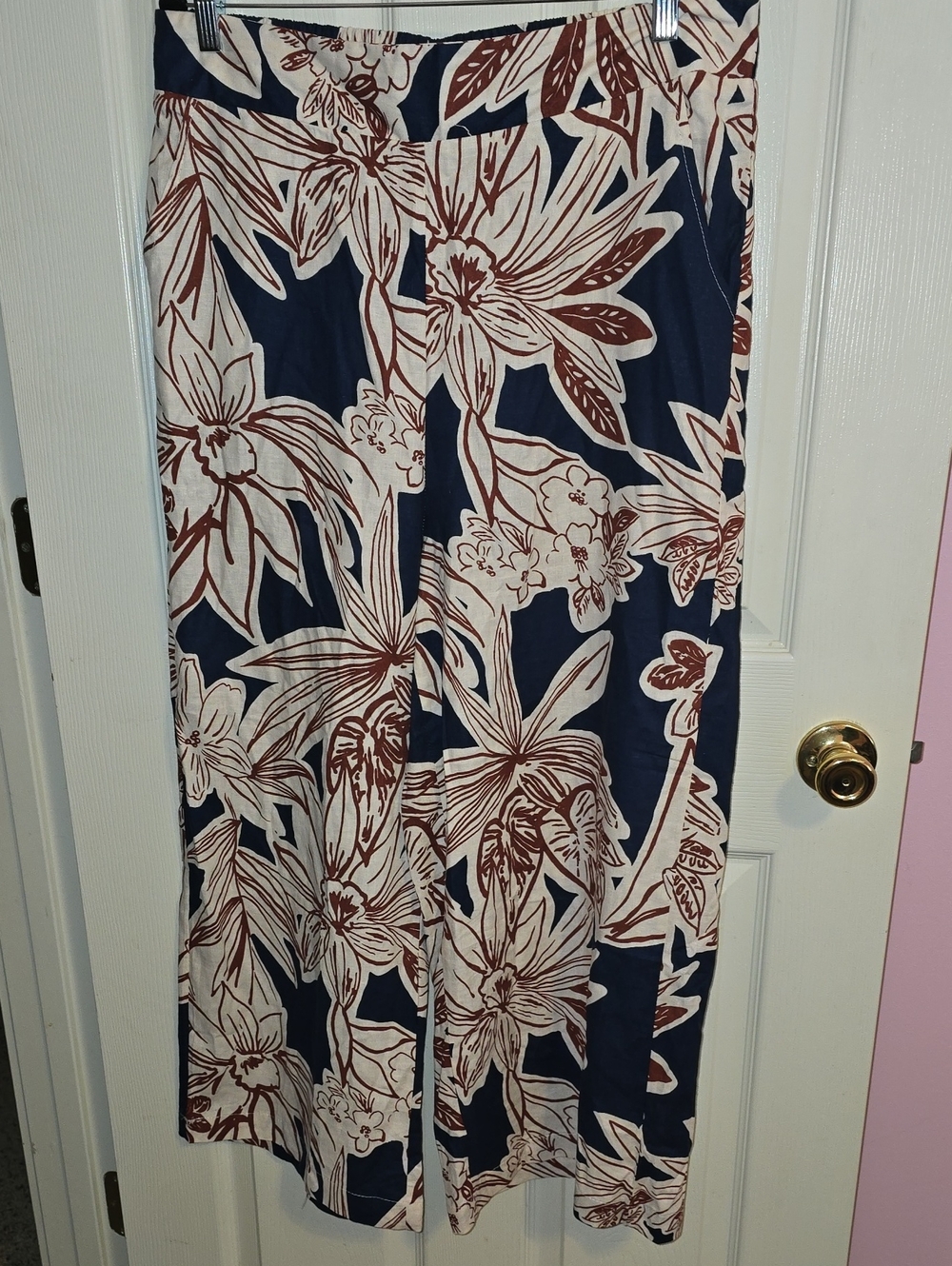 Rachel Zoe Navy Wide-Leg Pants with Cream and Brown Floral Print